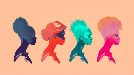 Diverse women profiles in a stylized illustration with vibrant colorsの素材