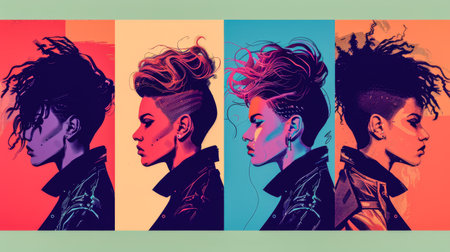 Diverse women profiles in a stylized illustration with vibrant colorsの素材