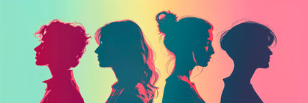 Diverse women profiles in a stylized illustration with vibrant colorsの素材