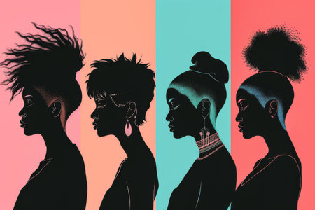 Diverse women profiles in a stylized illustration with vibrant colorsの素材