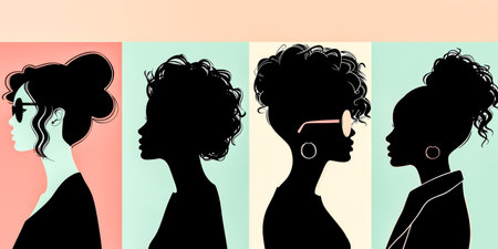 Diverse women profiles in a stylized illustration with vibrant colorsの素材