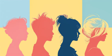 Diverse women profiles in a stylized illustration with vibrant colorsの素材