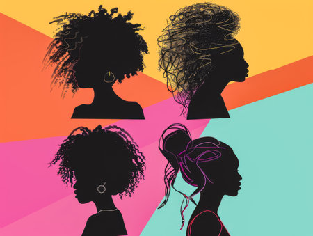 Diverse women profiles in a stylized illustration with vibrant colorsの素材