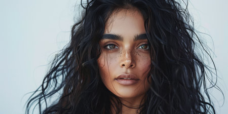 Beauty portrait of a young Indian woman with curly hair isolated from a white copyspace backgroundの素材