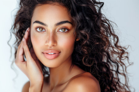 Beauty portrait of a young Indian woman with curly hair isolated from a white copyspace backgroundの素材