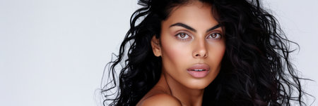 Beauty portrait of a young Indian woman with curly hair isolated from a white copyspace backgroundの素材