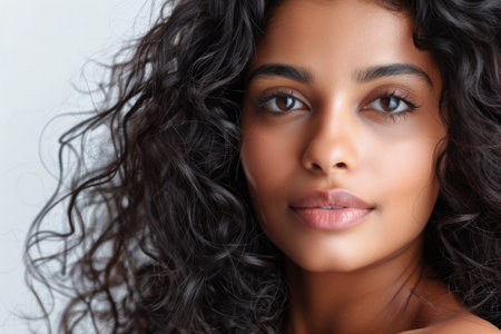 Beauty portrait of a young Indian woman with curly hair isolated from a white copyspace backgroundの素材