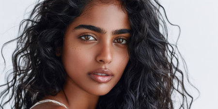 Beauty portrait of a young Indian woman with curly hair isolated from a white copyspace backgroundの素材