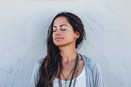 Serene yoga woman in meditation poseの素材