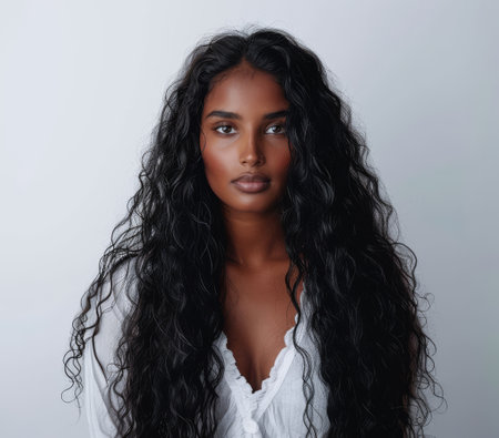 Beauty portrait of a young Indian woman with curly hair isolated from a white copyspace backgroundの素材
