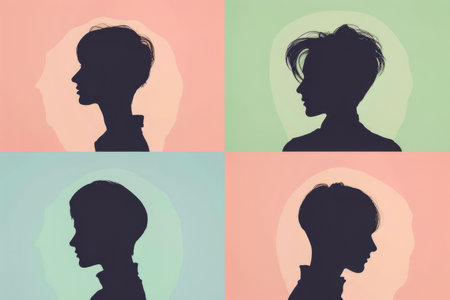 Diverse women profiles in a stylized illustration with vibrant colorsの素材