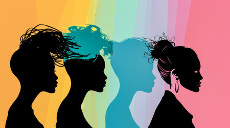 Diverse women profiles in a stylized illustration with vibrant colorsの素材