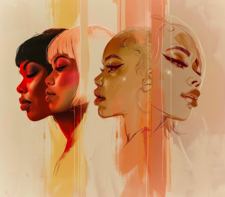 Diverse women profiles in a stylized illustration with vibrant colorsの素材
