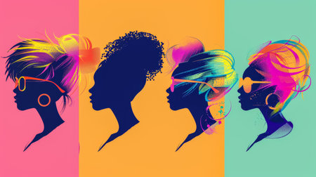 Diverse women profiles in a stylized illustration with vibrant colorsの素材