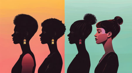 Diverse women profiles in a stylized illustration with vibrant colorsの素材