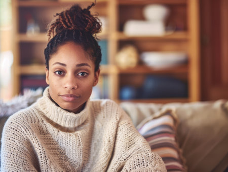 Portrait of a young beautiful woman at home wearing a cozy knitwearの素材