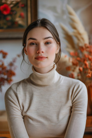 Young woman portrait posing for the camera at her homeの素材