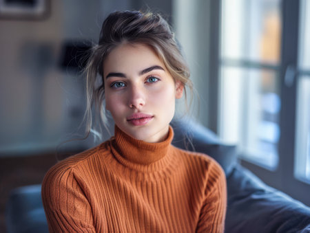 Young woman portrait posing for the camera at her homeの素材