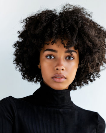 Curly haired woman portrait isolated from a white copyspace backgroundの素材