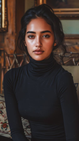 Portrait of a diverse woman with a captivating look in a residential settingの素材