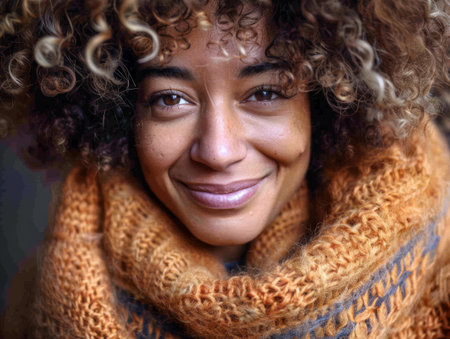 Young woman with curly hair and a cozy sweater. Warm tones composition.の素材