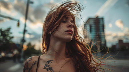 Young contemplative woman portrait in an outdoors settingの素材