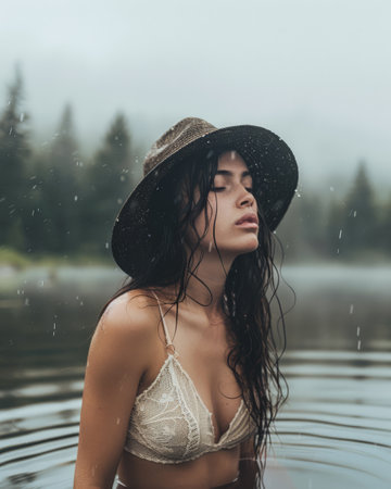 Young contemplative woman portrait in an outdoors settingの素材