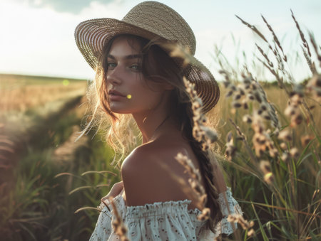 Young contemplative woman portrait in an outdoors settingの素材