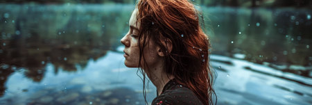 Young contemplative woman portrait in an outdoors settingの素材