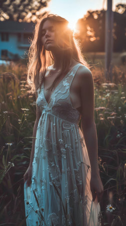 Young contemplative woman portrait in an outdoors settingの素材