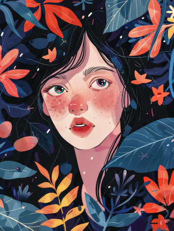 Vibrant asian young woman illustrationの素材
