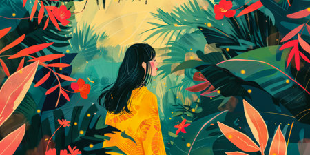 Vibrant asian young woman illustrationの素材