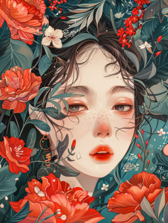 Vibrant asian young woman illustrationの素材