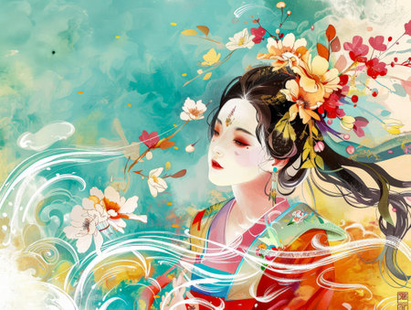 Vibrant asian young woman illustrationの素材