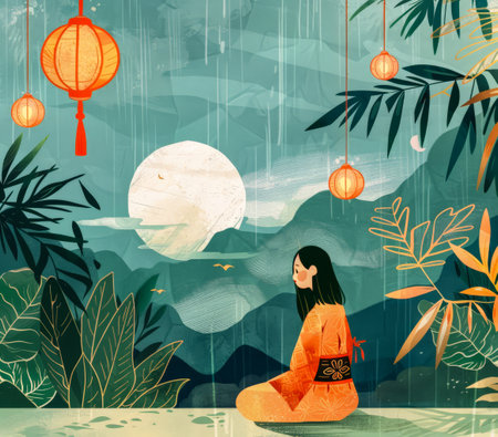 Vibrant asian young woman illustrationの素材