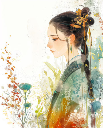 Vibrant asian young woman illustrationの素材