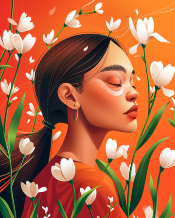 Vibrant woman illustration with floral decorの素材