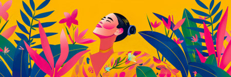 Vibrant woman illustration with floral decorの素材