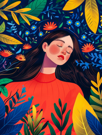 Vibrant woman illustration with floral decorの素材