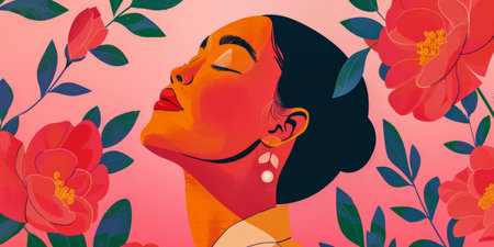 Vibrant woman illustration with floral decorの素材