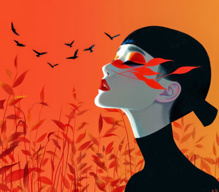 Vibrant woman illustration with floral decorの素材