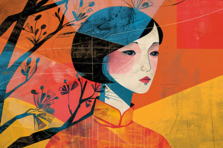 Vibrant woman illustration with floral decorの素材