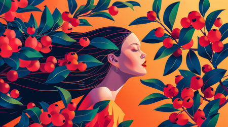 Vibrant woman illustration with floral decorの素材