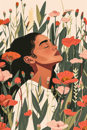 Illustration of a young woman in harmony with her environmentの素材