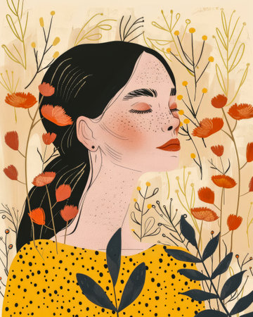 Illustration of a young woman in harmony with her environmentの素材