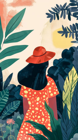 Illustration of a young woman in harmony with her environmentの素材