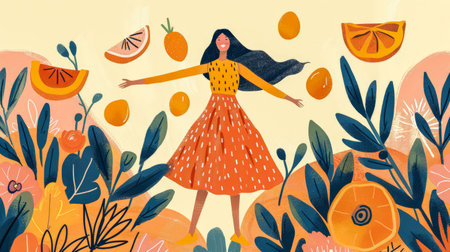 Illustration of a young woman in harmony with her environmentの素材