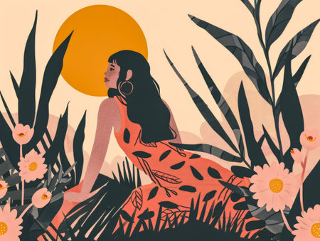 Illustration of a young woman in harmony with her environmentの素材