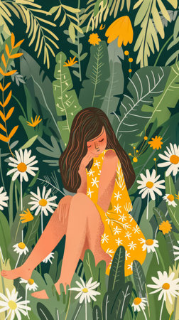 Illustration of a young woman in harmony with her environmentの素材