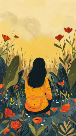 Illustration of a young woman in harmony with her environmentの素材